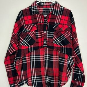 BBJ Los Angeles Flannel Shirt M Medium Cropped/Hi-Low Black Red White Plaid